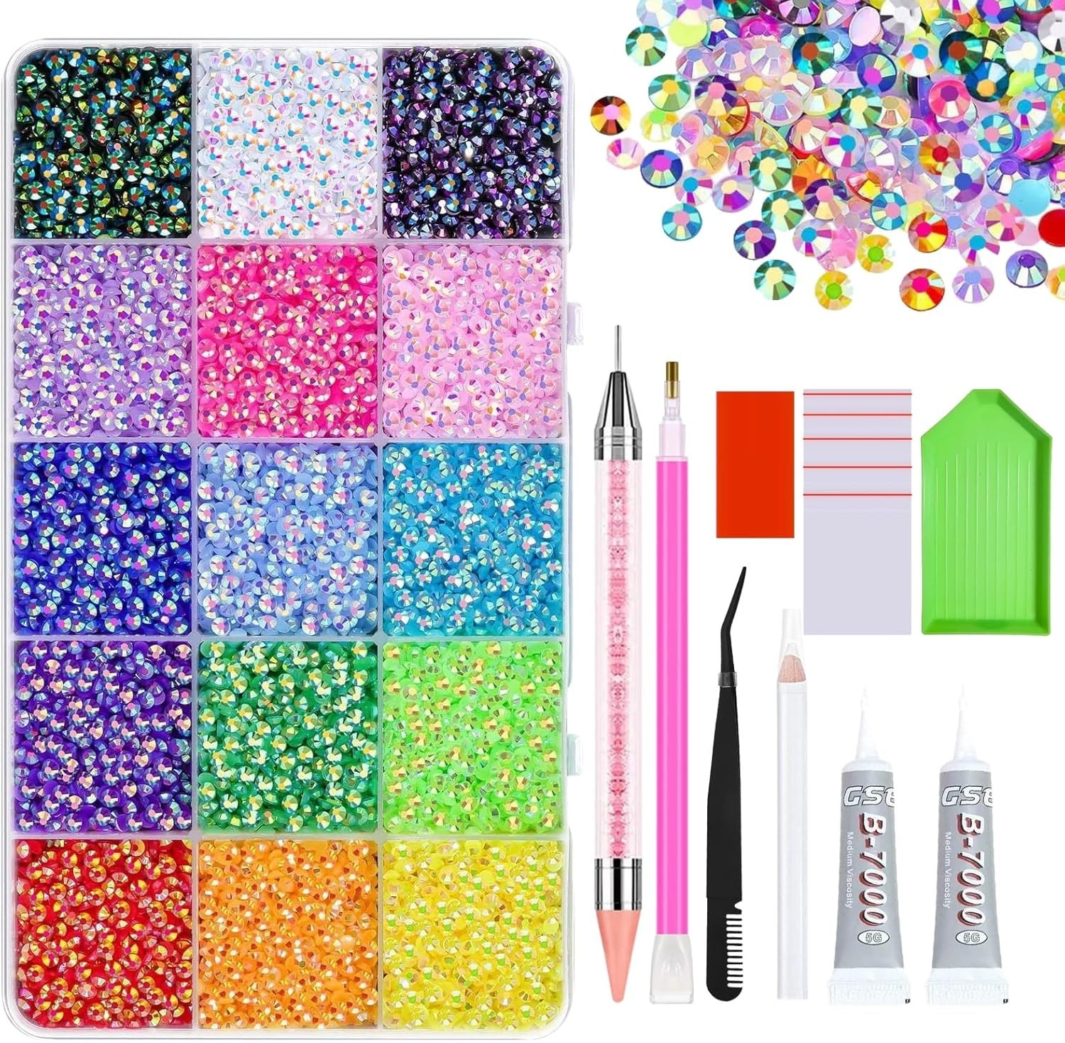 18000 Pcs Rhinestone Kit 15 Colors Bedazzling Kit with Glue Pen Tweezers