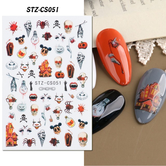 5 Sheets Halloween Skull Ghost Nail Art Stickers Clown Blood Scars Lips Decals
