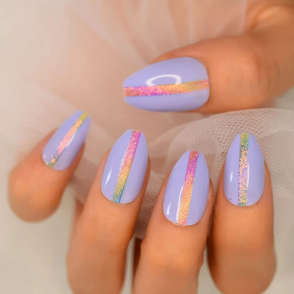 24 Purple Holographic Press On Nails w/ Glue glitter rainbow bright light purple