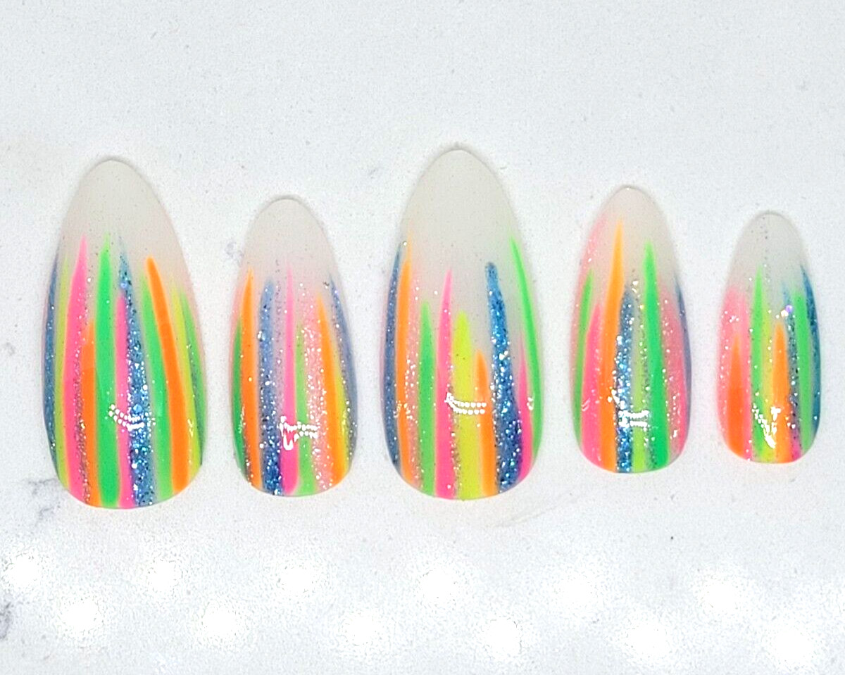 Custom Gel Press on Nails Handmade 10 pc set SMALL neon rainbow stripes glitter