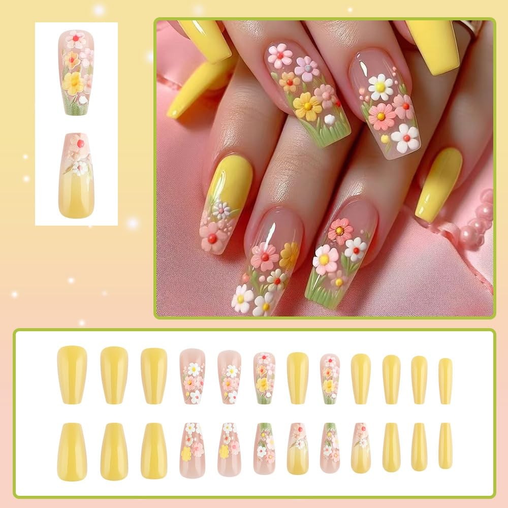 24 Pcs Flowers Press On Nails Medium Coffin Square,Spring Summer Fake Nails P…