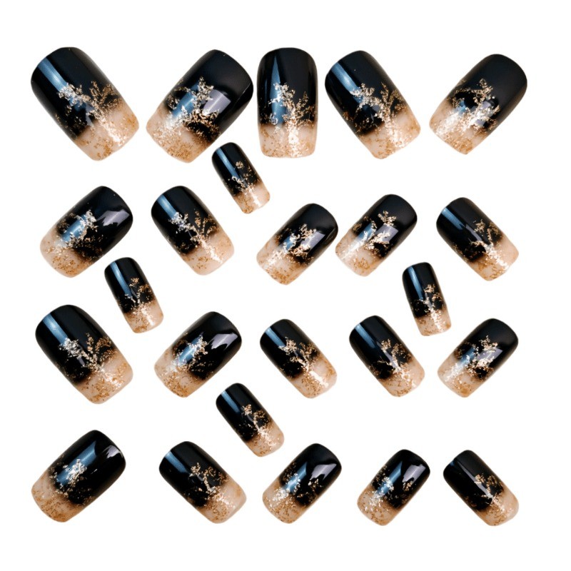 48 Pcs of Black Gold-plated Twisted Branch Fake Nails – Removable Fake Nail Art