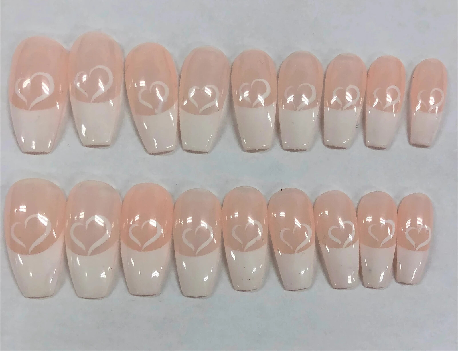 French Manicure with Hearts Press-On Nail Set – Long Ballerina (Size 0-8)