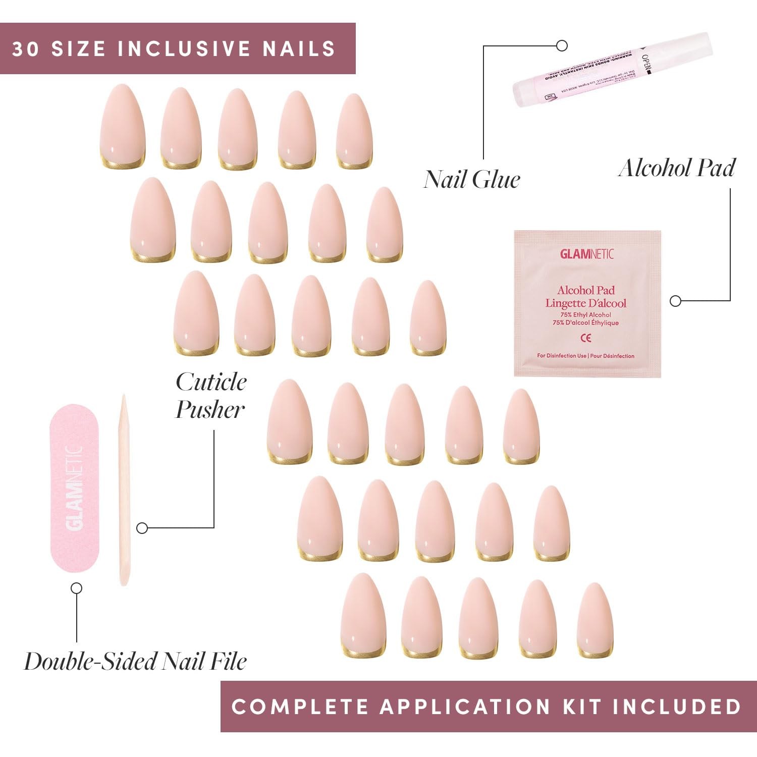 Press on Nails – Goal Getter Medium Almond 30 Nail Kit with Glue – Salon Quality