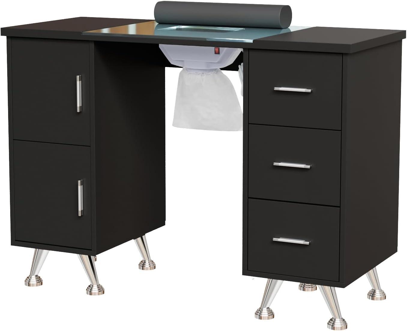 Manicure Table w/ Built-in Dust Collector, Glass Top, Drawers & Wrist Rest Black
