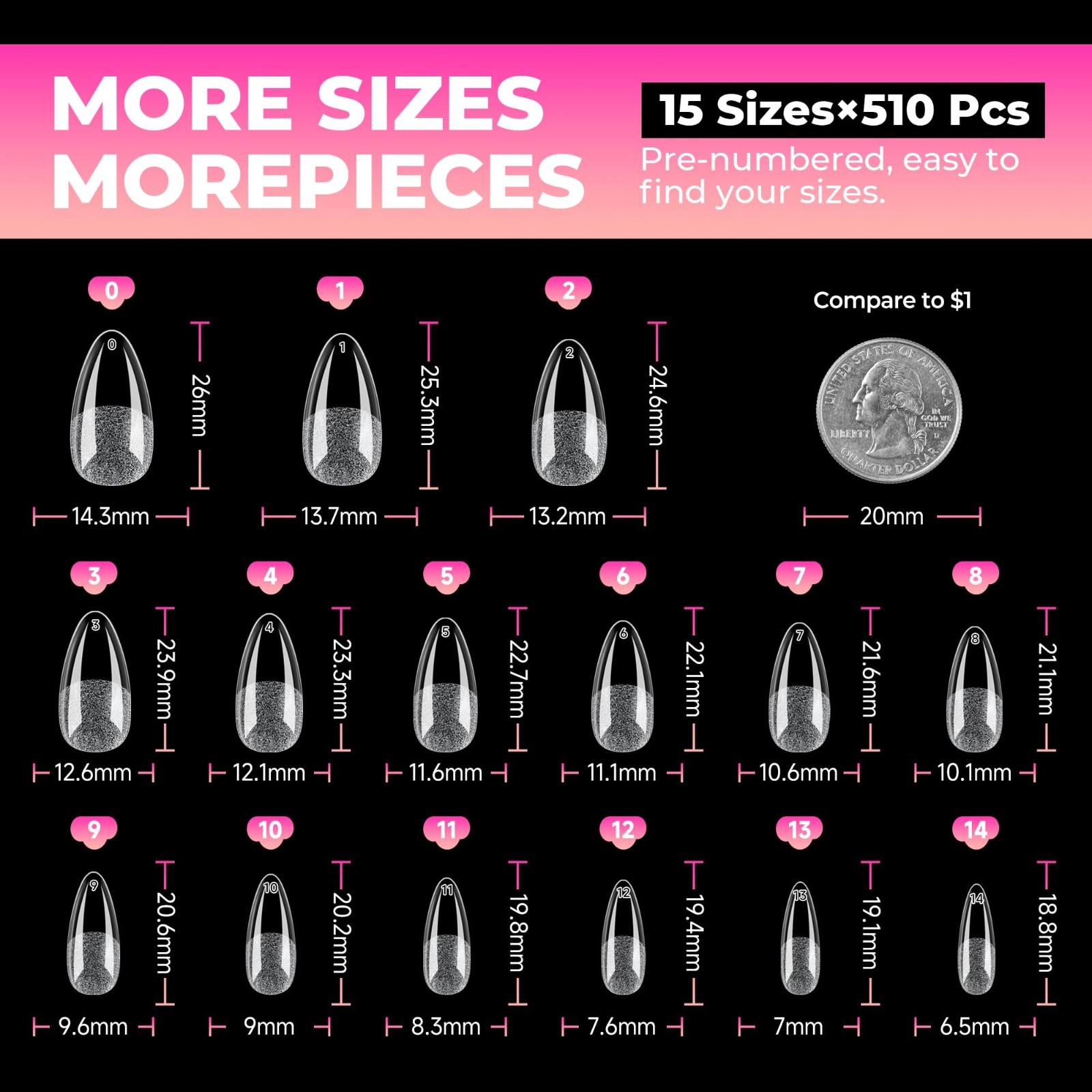 510Pcs Almond Nail Tips – Pre-Etched Clear Full Cover Acrylic Press-On Nails, 15