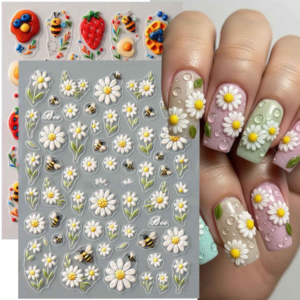 Summer Daisy Flower Nail Art Stickers 5D Embossed Nail Decals 2PCS Cute Bee L…