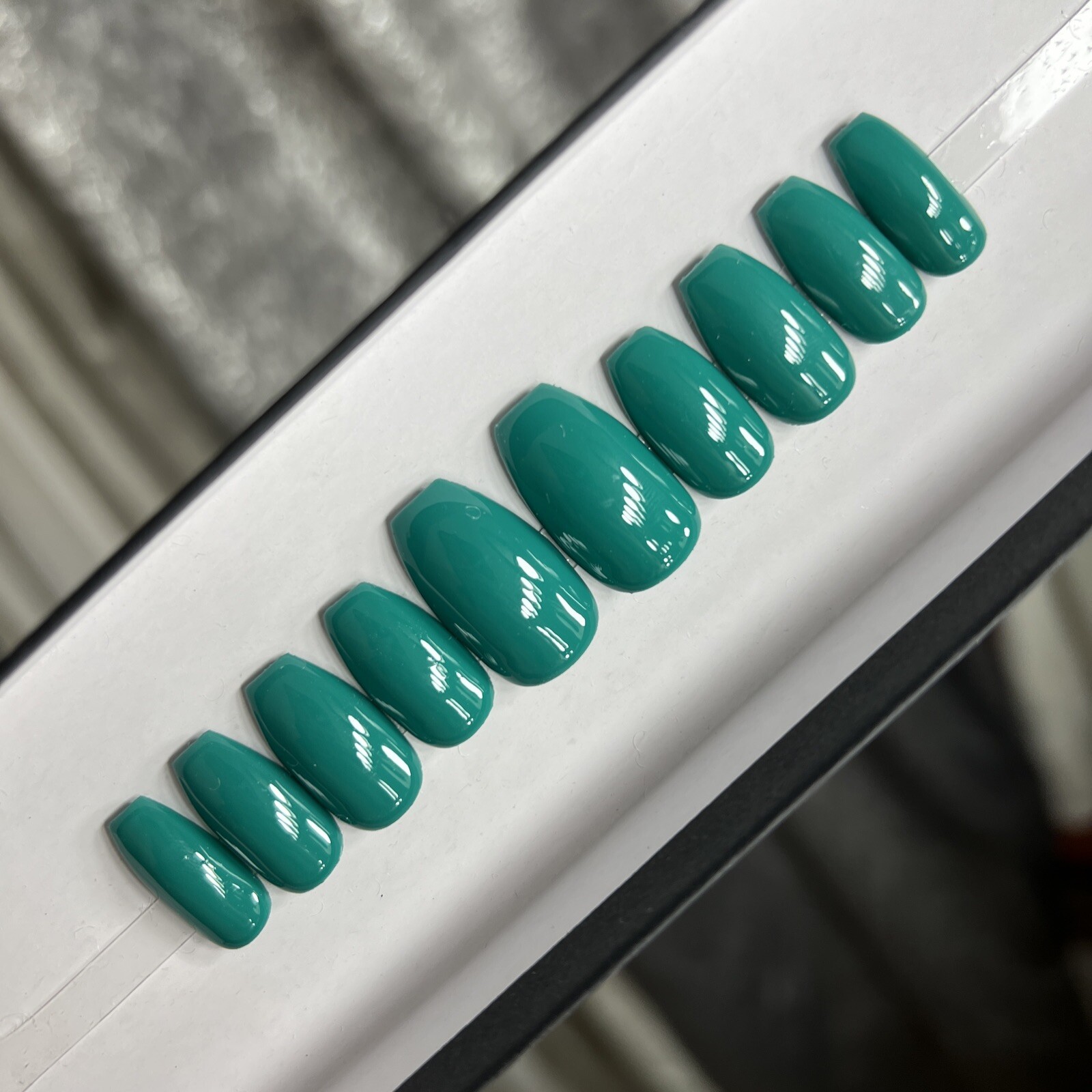 🔥 CUSTOM Gel Press On Nails, ￼ ￼Blue Green, Ballerina short, 10p Set W FULL KIT