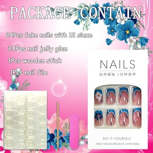 Press on Square Nails – Short Length Glossy Full Cover – Blue, French, Floral