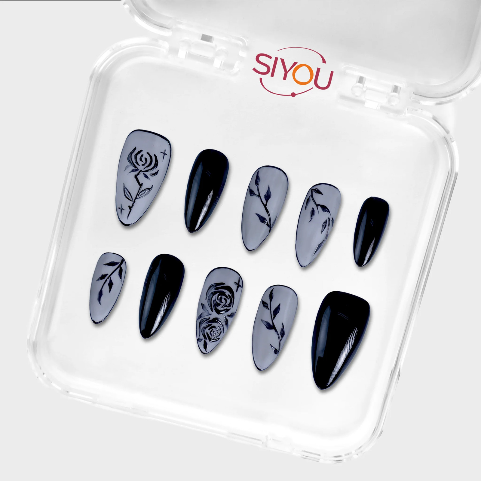 SIYOU Midnight Rose Almond Black Star Matte Press-On Nails 10pc