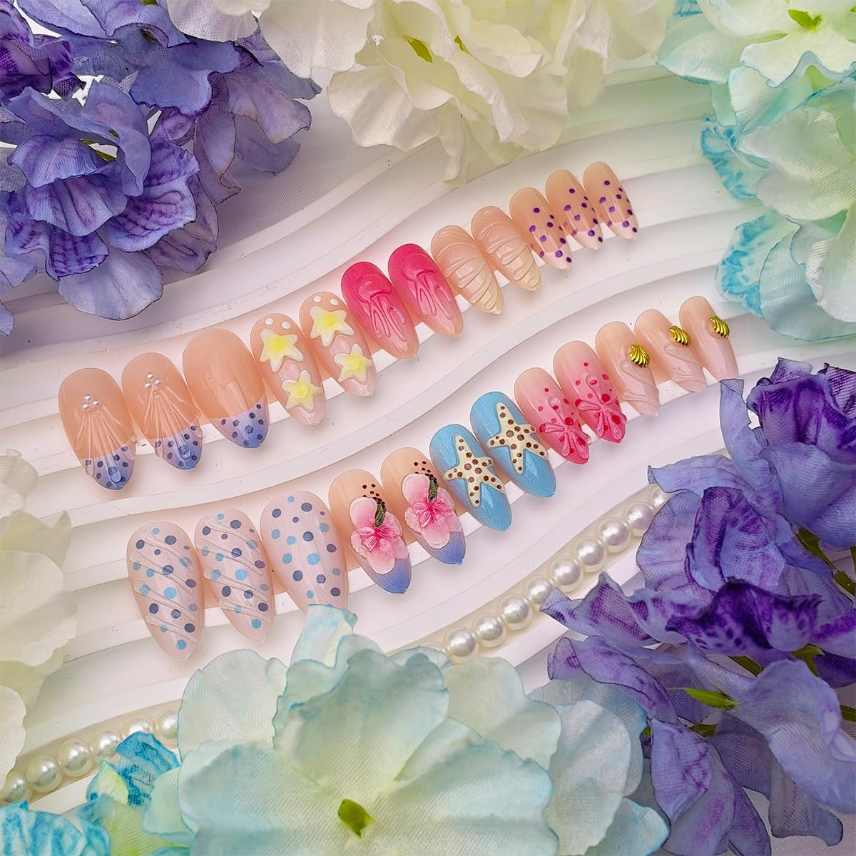 3D Summer Press on Nails Medium Almond Beach Fake Nails Gold Shell Jellyfish Oce