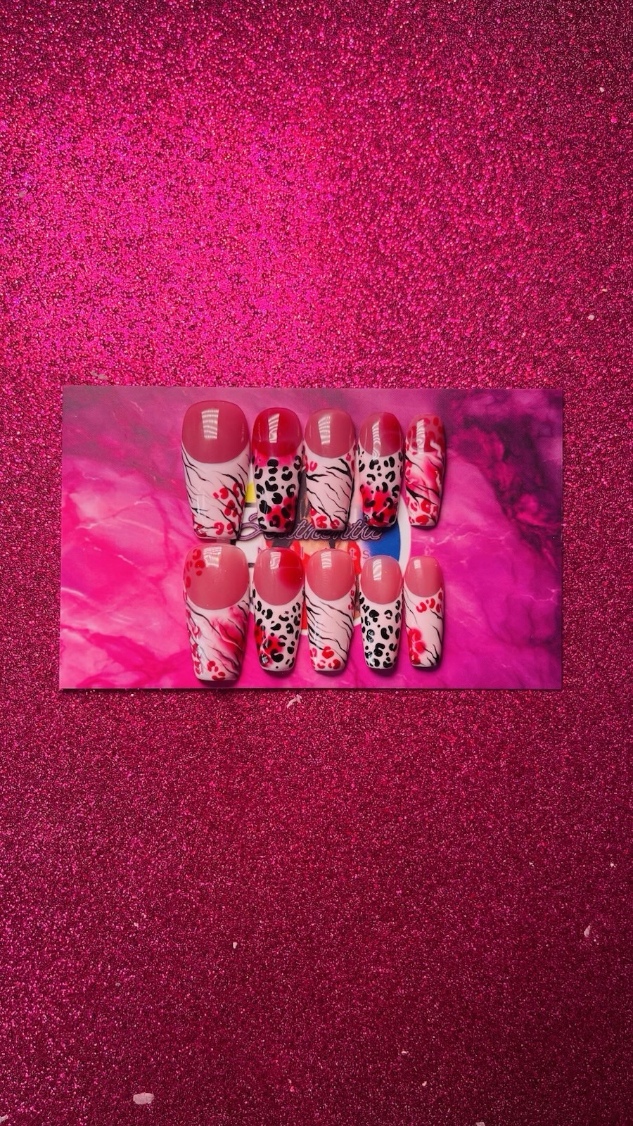 Long Coffin Press-On Nails Pink Red Black White Animal Print Shiny by Dia