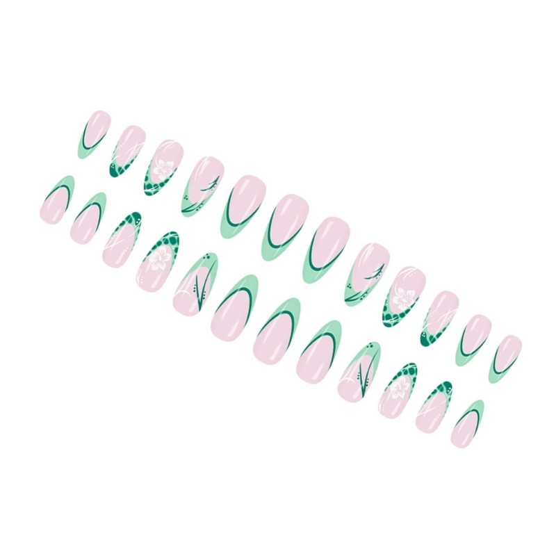 Green French Floral Press On Nail Floral False Nail Middle Length