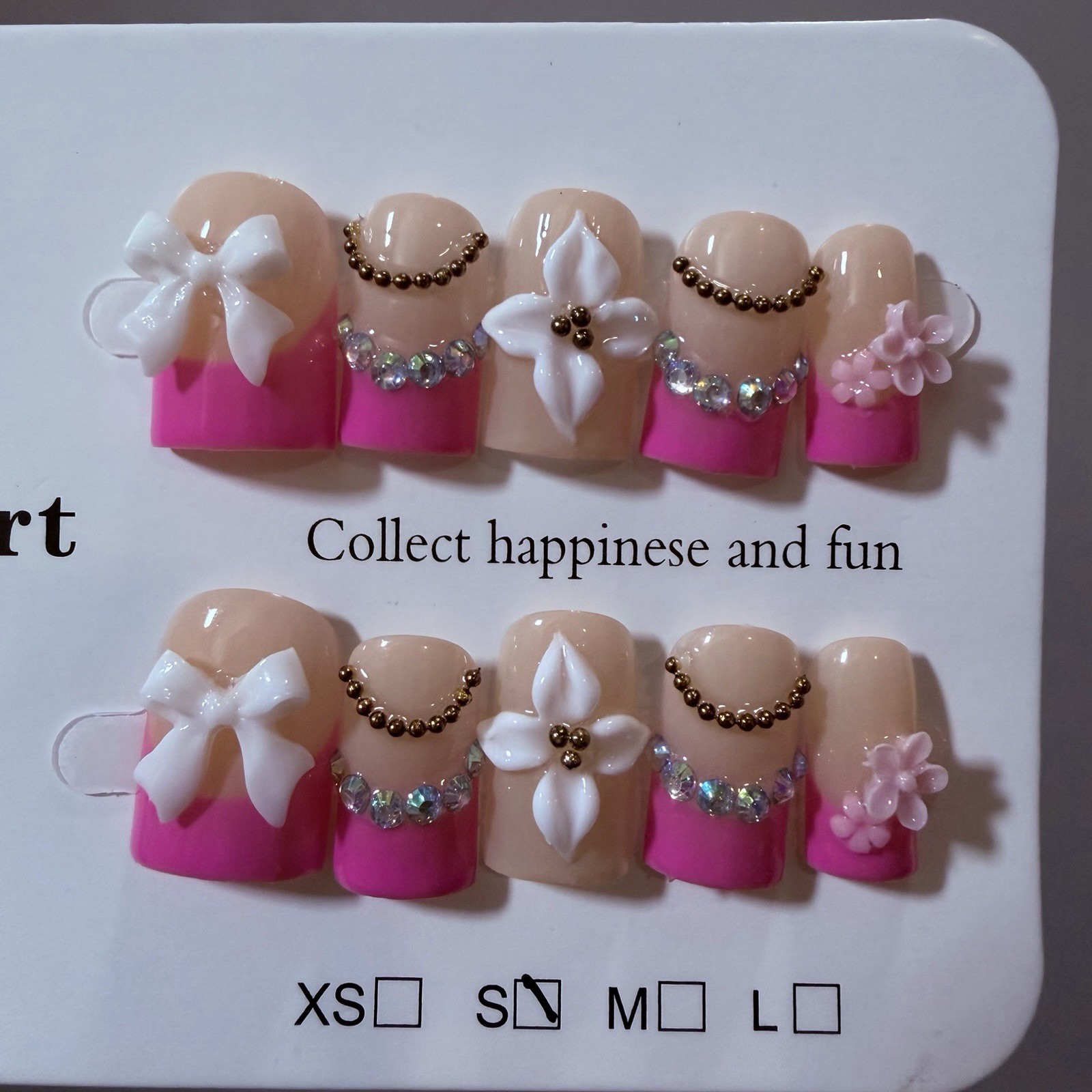 Pink & Beige 3D Bow Rhinestone Press-On Nails Short Square Full Cover Set