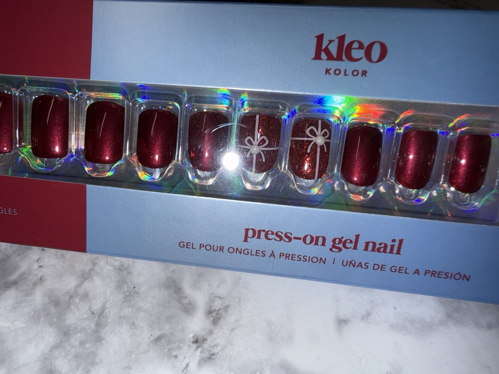 New Kleo Kolor Press-On Gel Nails Short Square Take A Bow Glitter Red Christmas