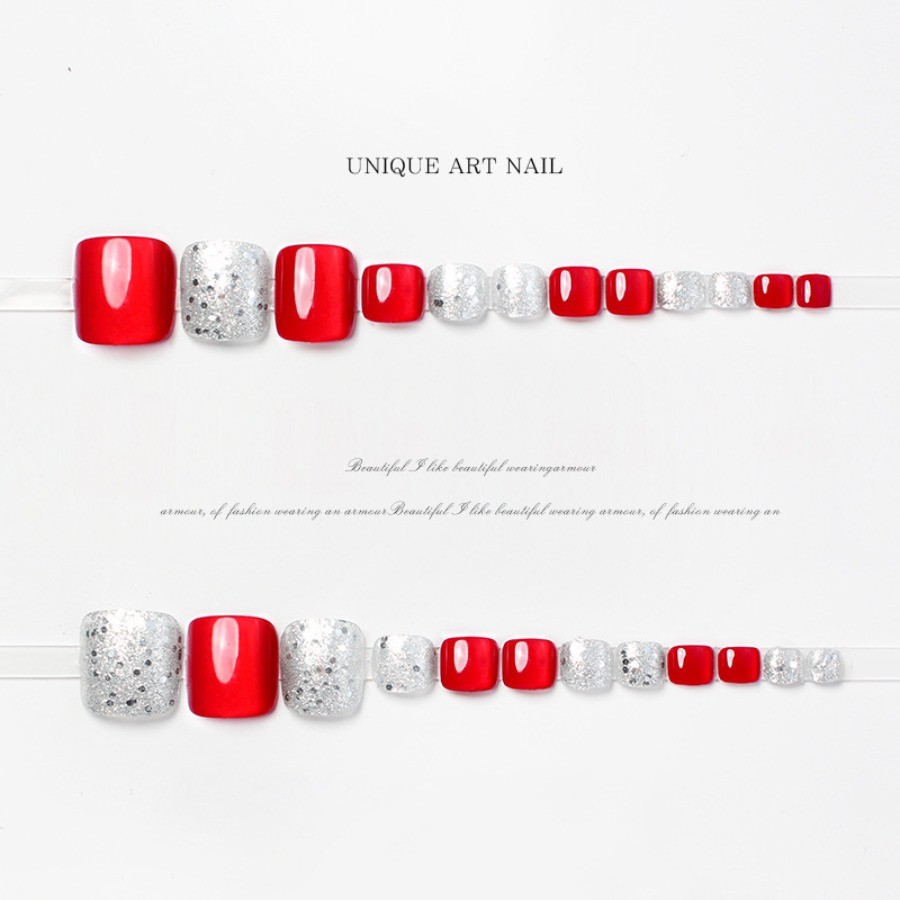 48Pcs-Glossy Red Silver Glitter Square Toe Press on Nails Set