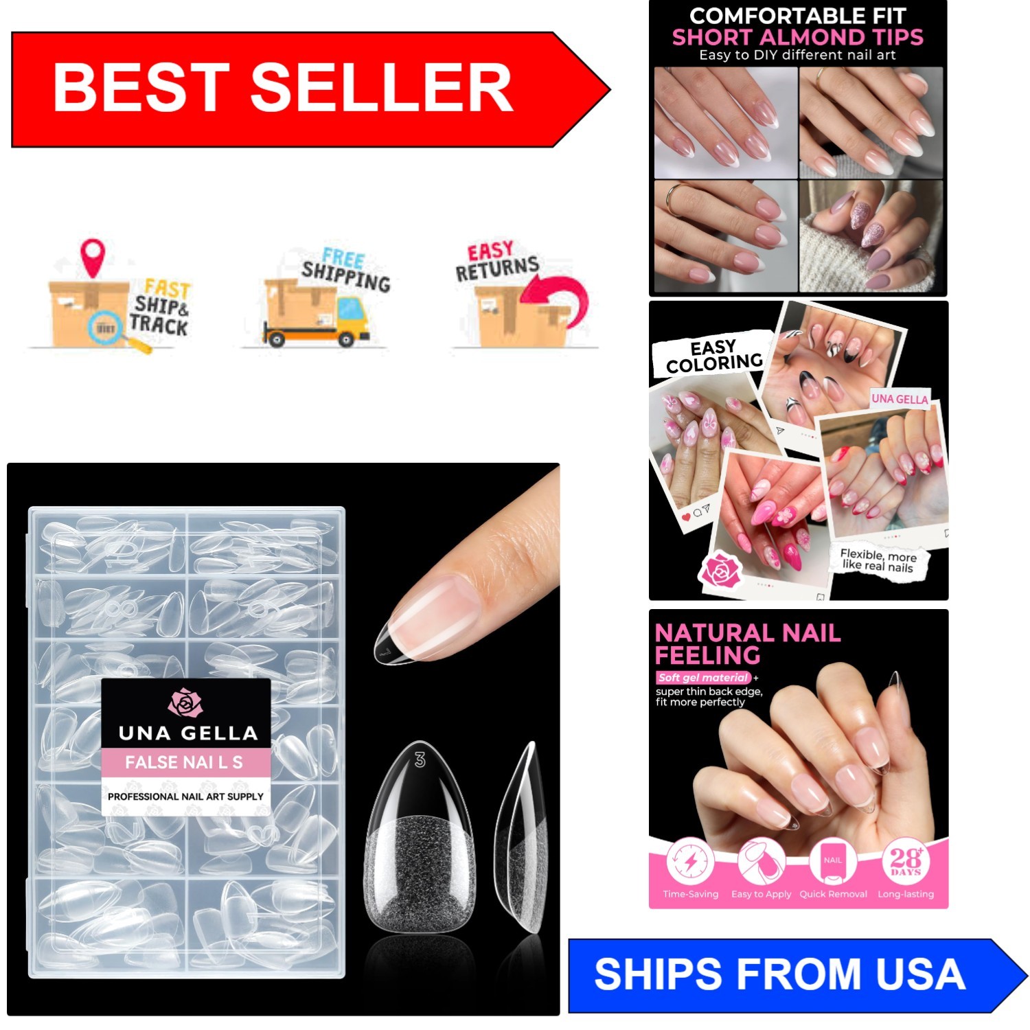 Customizable 216pcs Short Almond Gel Acrylic Nails – Effortless Nail Extensions