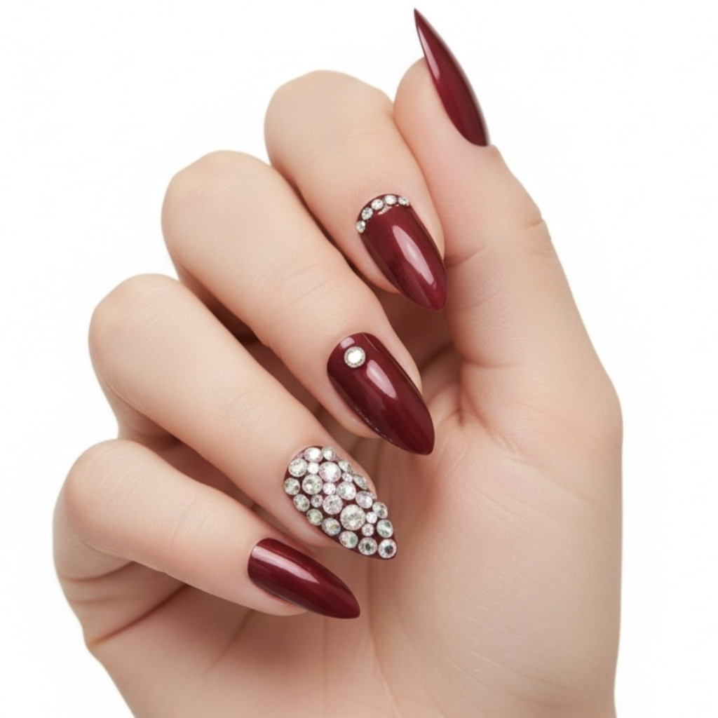 Burgundy Red 3D Crystals Almond Stiletto Long Rhinestones False Press On Nails