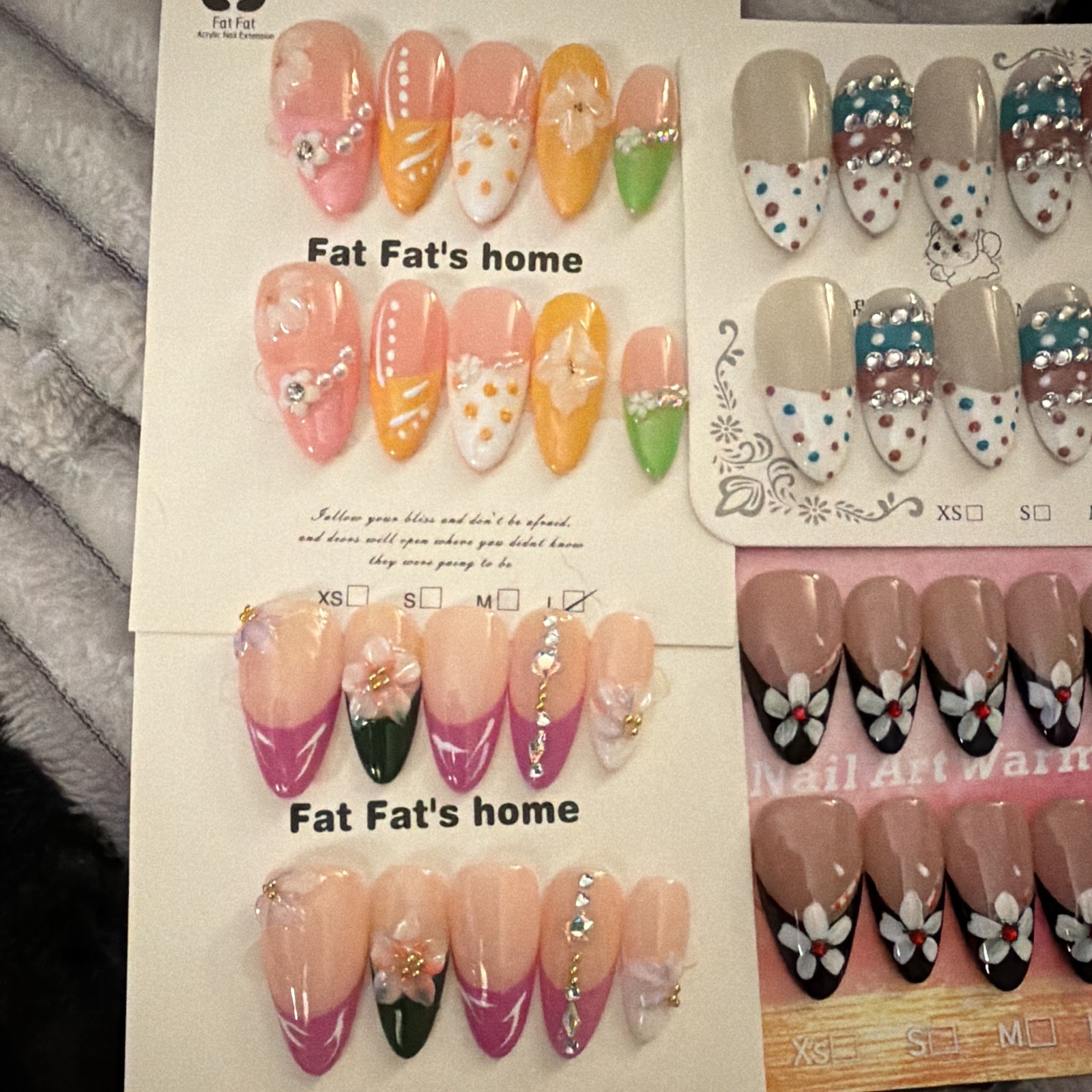 Fat Fat’s home Press-On Nails Long Almond 3D Floral Multicolor Full Cover