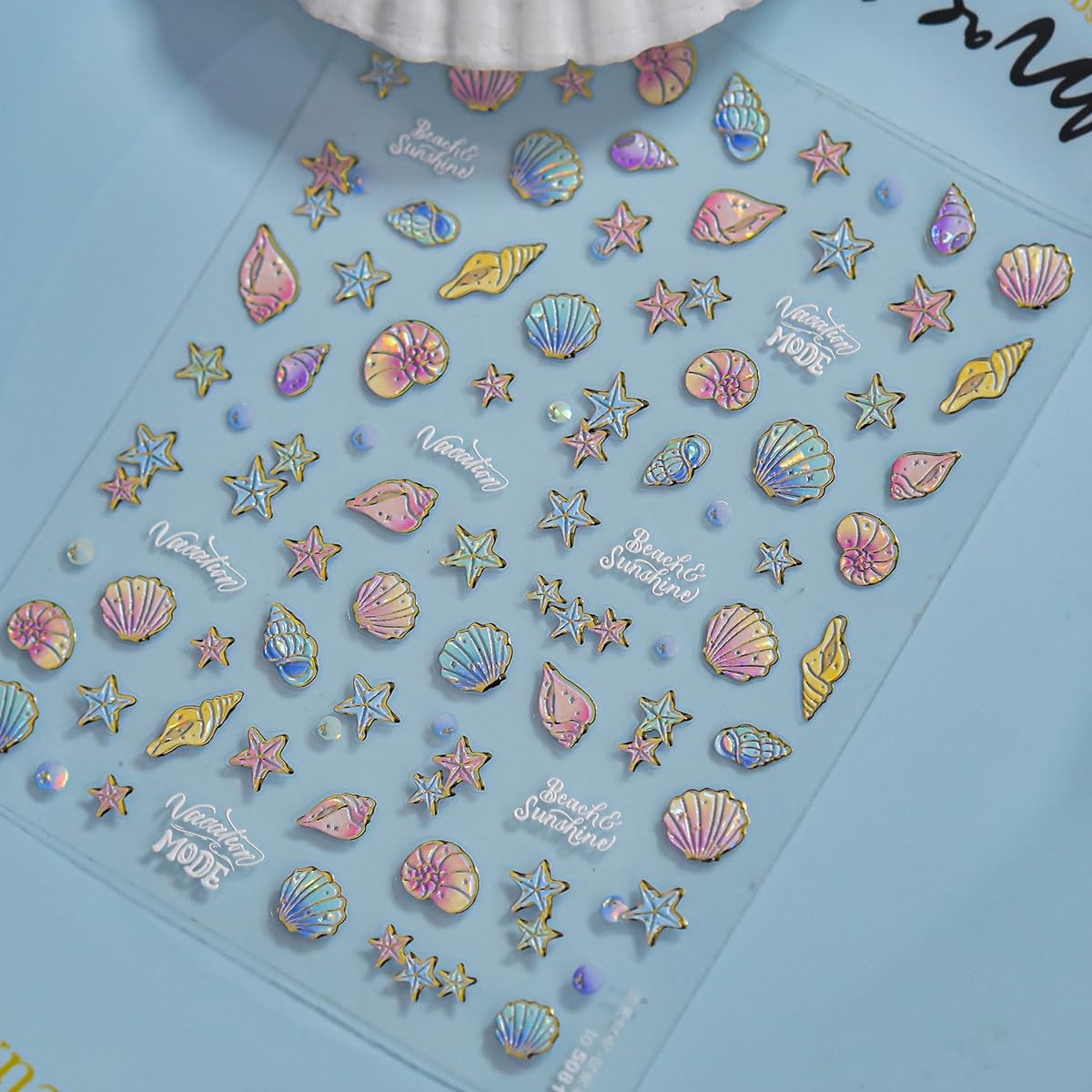 1 Sheet Marine Life Nail Stickers Shell Light Nail Design Stickers 5D Embosse…