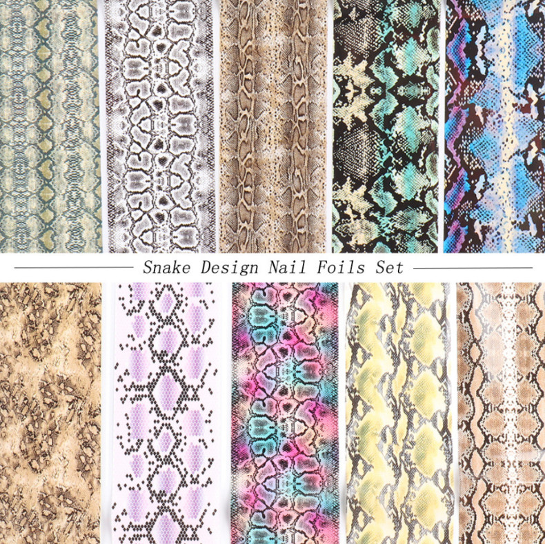 10 Rolls Snake Pattern Nail Foil Transfer Stickers Python Skin Nail Decals 1629