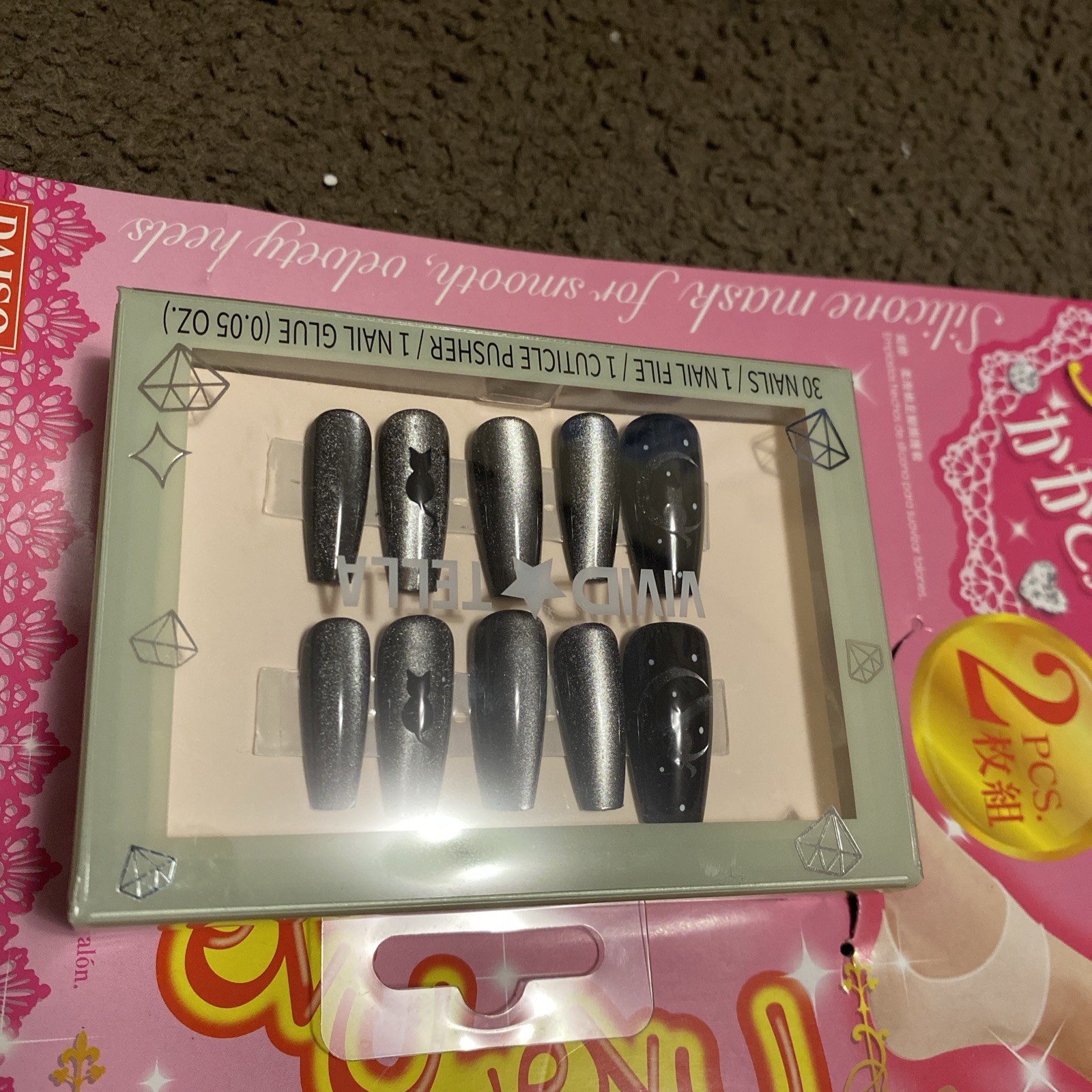 30 Medium Black Silver Cat Theme Nails Set, 3D Glitter, Full Cover