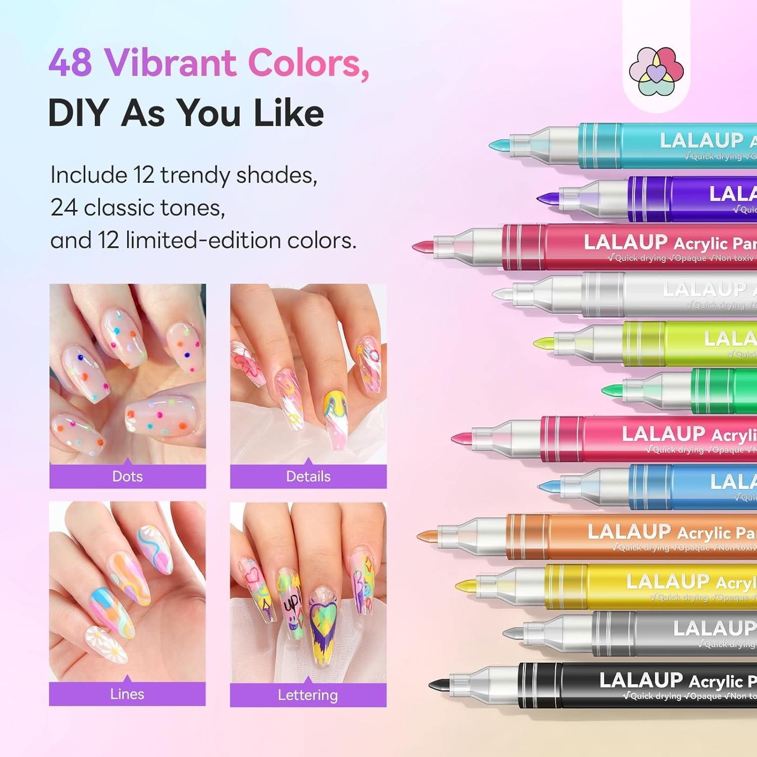 48 Colors Quick Drying Nail Art Pens Set for DIY Manicure and Creative Designs