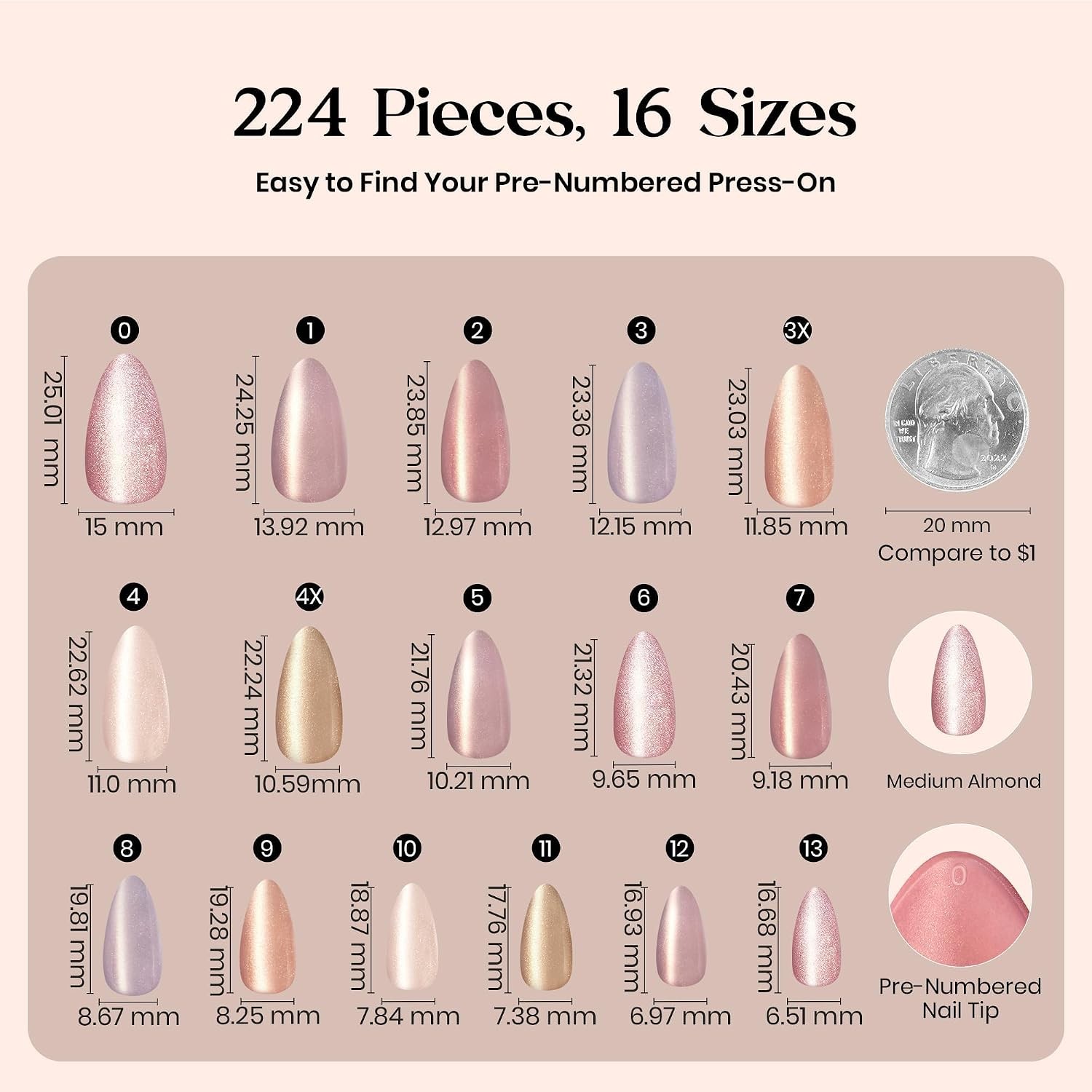 Nude Glitter Cat Eye Almond Reusable Press On Nails