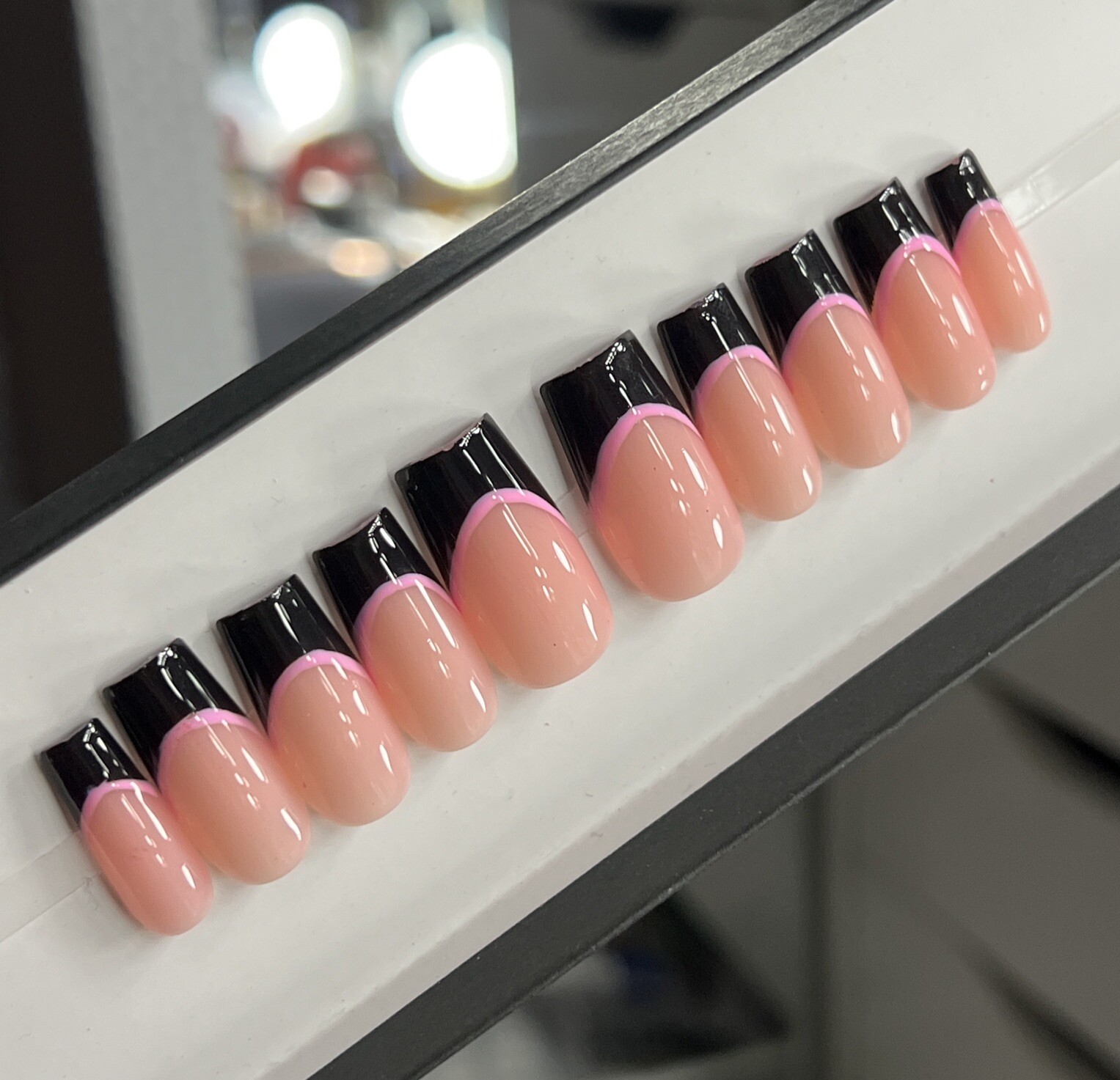 🩷🖤 CUSTOM Press On Nails FRENCH BLACK PINK BLING 10p SET W Kit