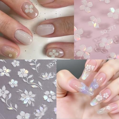 White Flower Nail Stickers – 3D Self-Adhesive Shiny Crystal Floral Pearly White
