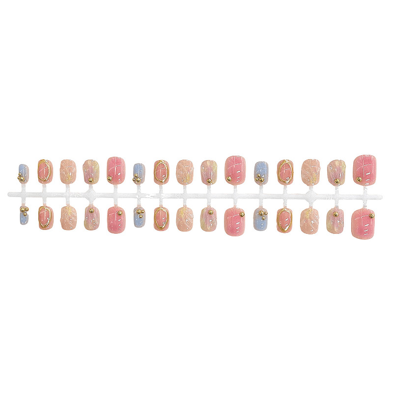 60Pcs Pink Gold Ombre Press on Nails, Short Square Glitter Accent False Nails