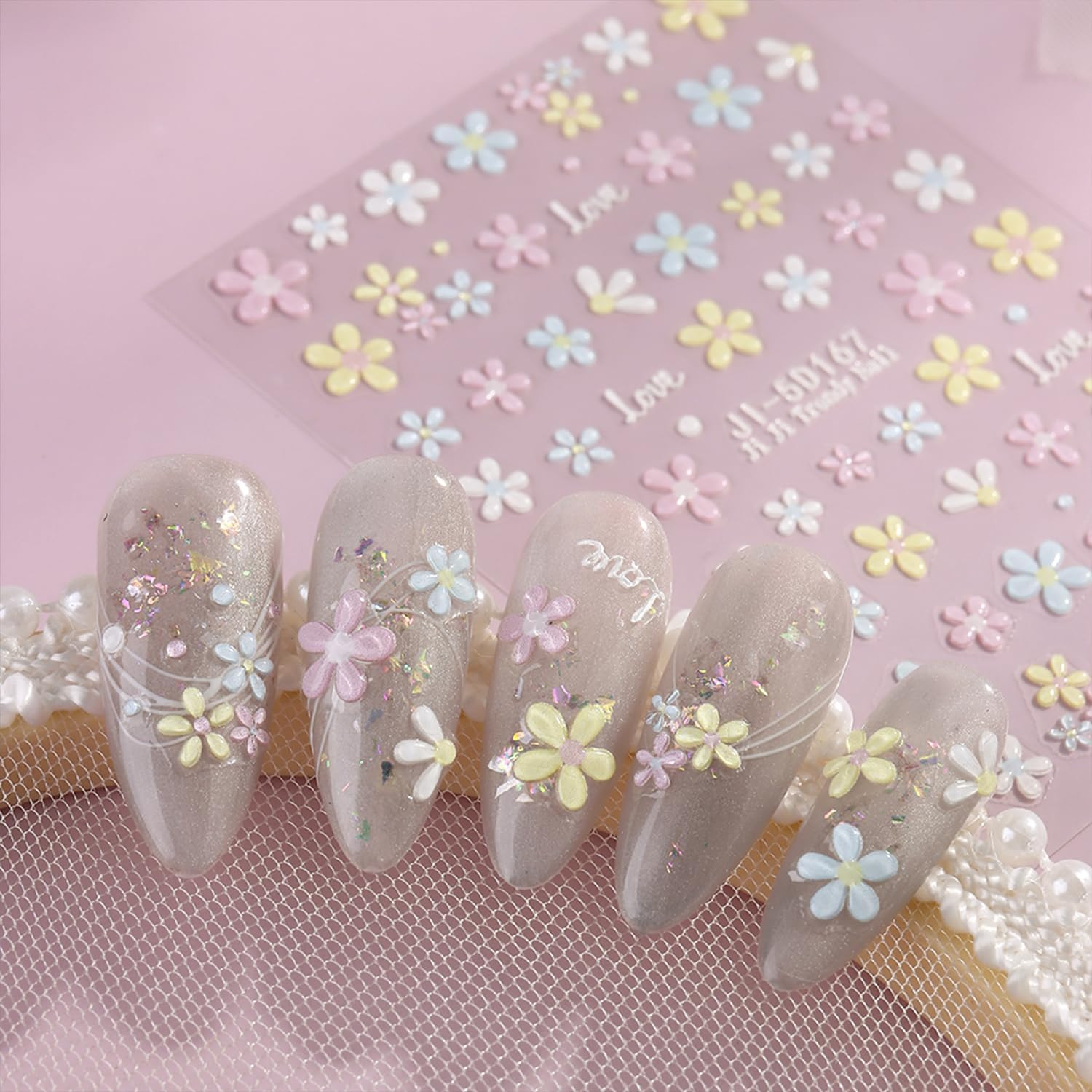 Spring Summer Flower Nails Stickers Decals 5D Embossed Flower Nails 3D Flower