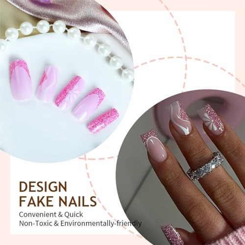 Square Press on Nails Medium Hot Pink Fake Nails Glitter Square Fake Nails-22
