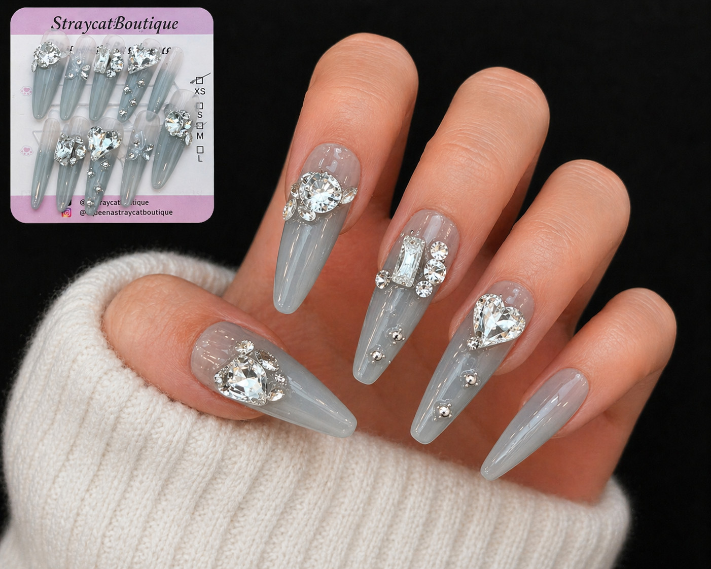 Straycat Boutique Press On Nails Gray Ombre Rhinestone Long Stiletto Nails XS