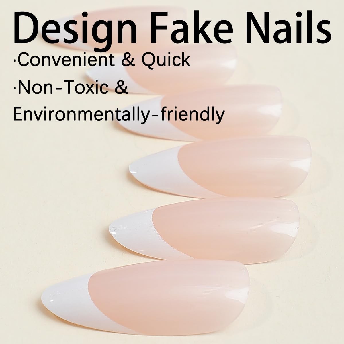 White French Tips Press on Nails Long Almond Fake Nails Nude False Nails with…