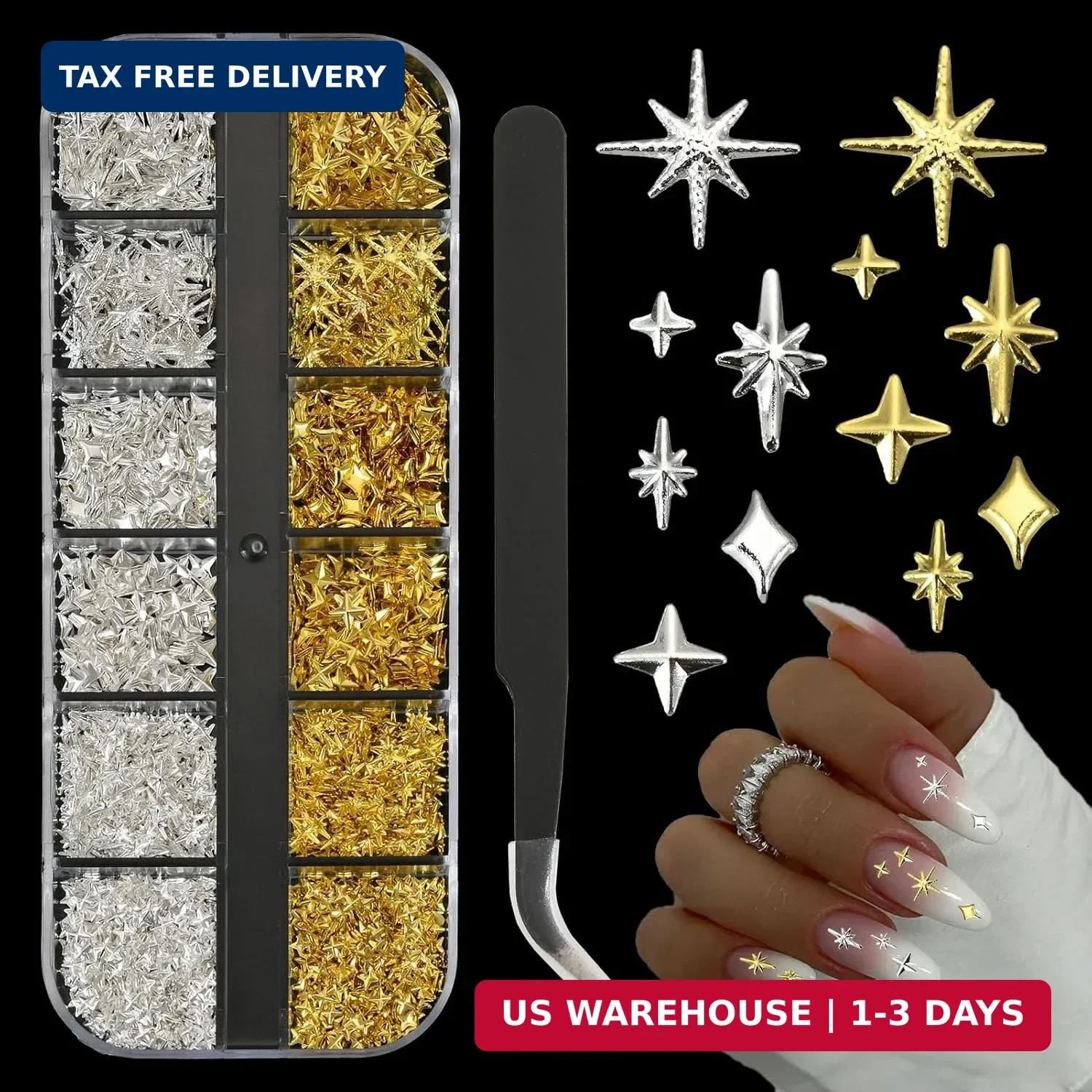 2500Pcs Star Nail Charms, Silver & Gold Nail Charms Bulk for DIY 3D Nail Art Cha