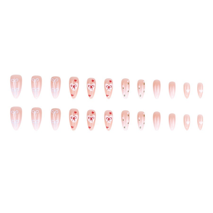 48 Pcs Bow Heart Press on Nails, Medium Almond Pink Gradient Cute Fake Nails