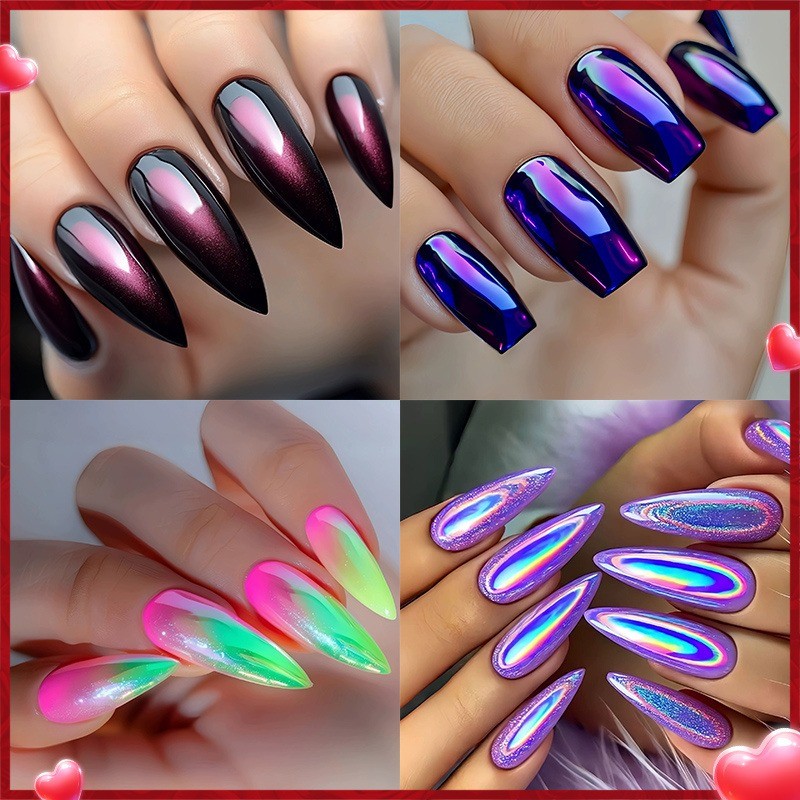 96PCS Neon Gradient Reusable Pink, Black, Purple Flashing Fake Nails