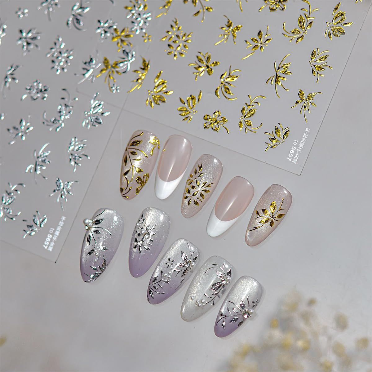 Gold Silver Flower Leaf Nail Art Stickers 2 Sheets Self-Adhesive Metallic Nai…