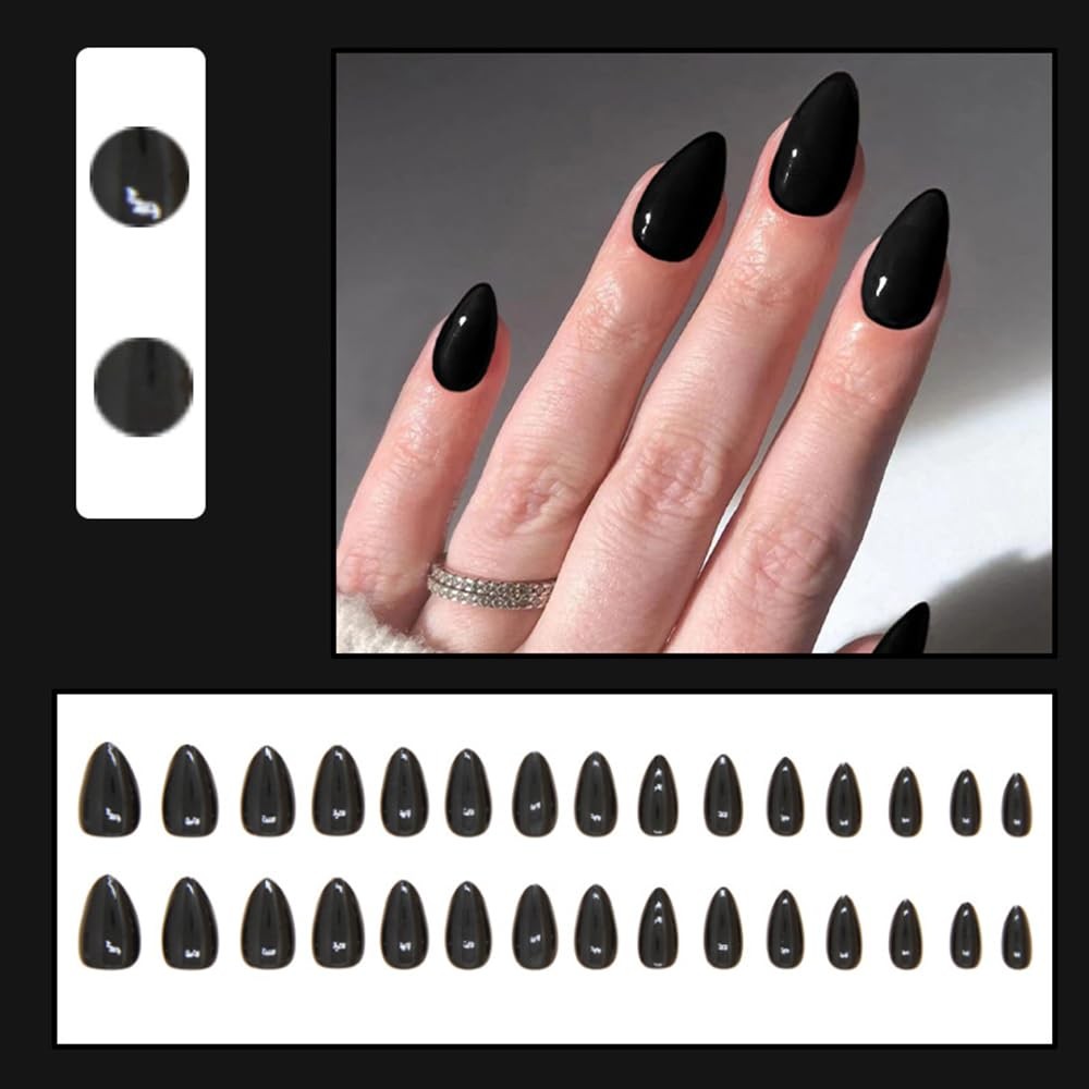 30 Pcs Black Press On Nails Short Almond – Extra Short Fake Nails Press ons A…