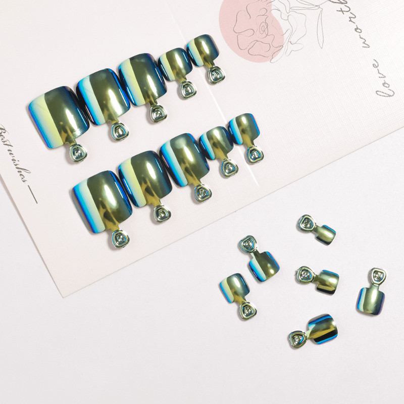 48pcs Short Square Toe Press on Nails, Blue Green Aurora Mirror Foot Nails