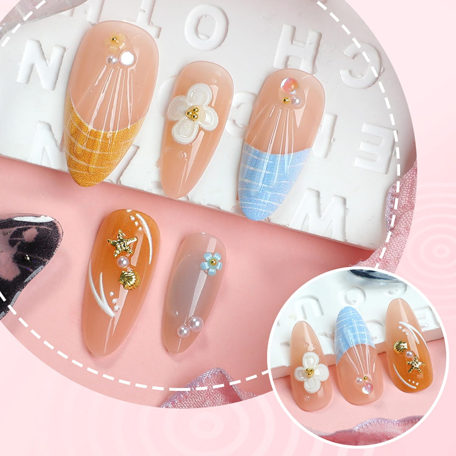 30Pcs Summer Beach Press on Nails Medium Almond Fake Nails 3D Colorful Flower De