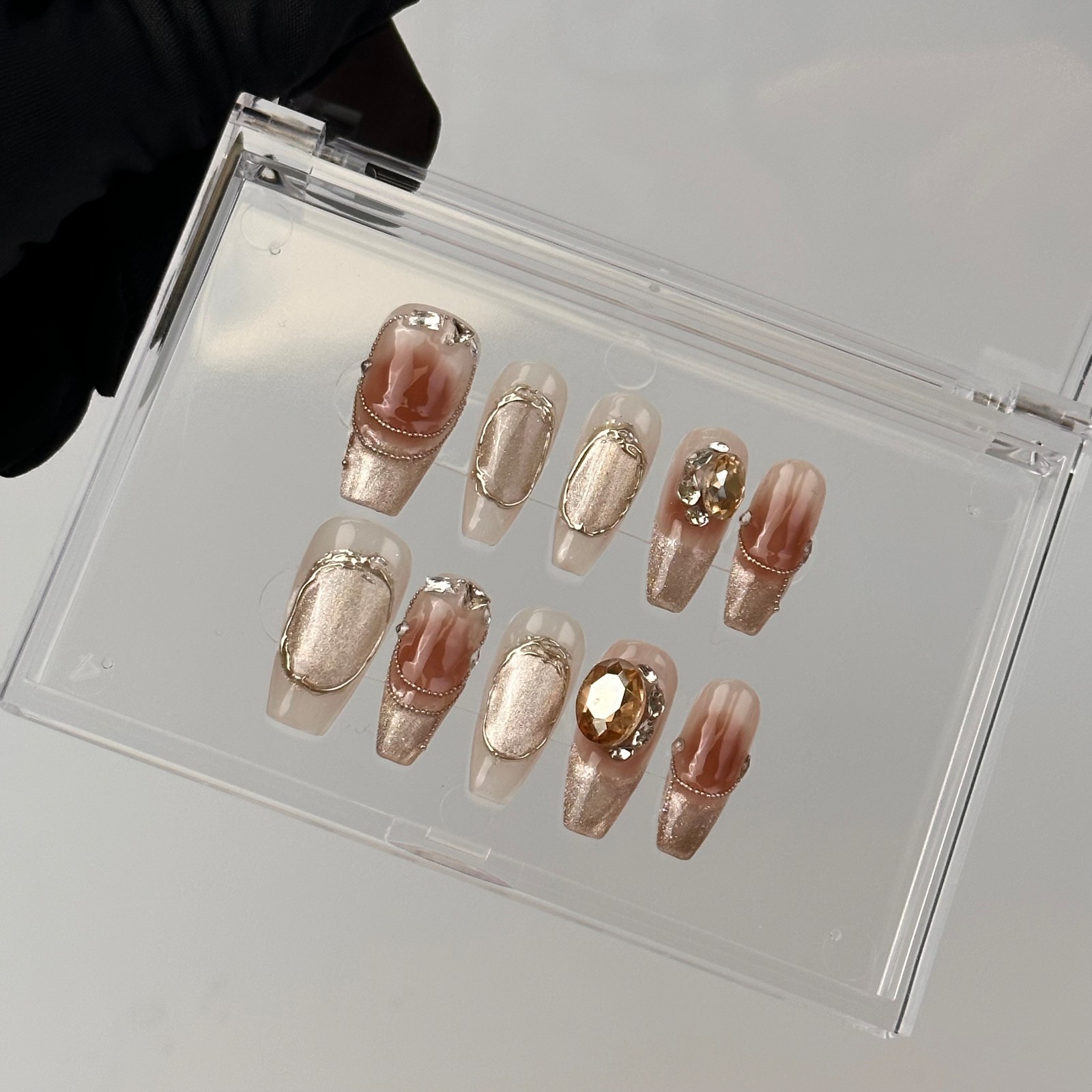 Marble Brown Cat Eye Amber Press On Nails, 3D Gold Luxury Handmade Nail Set