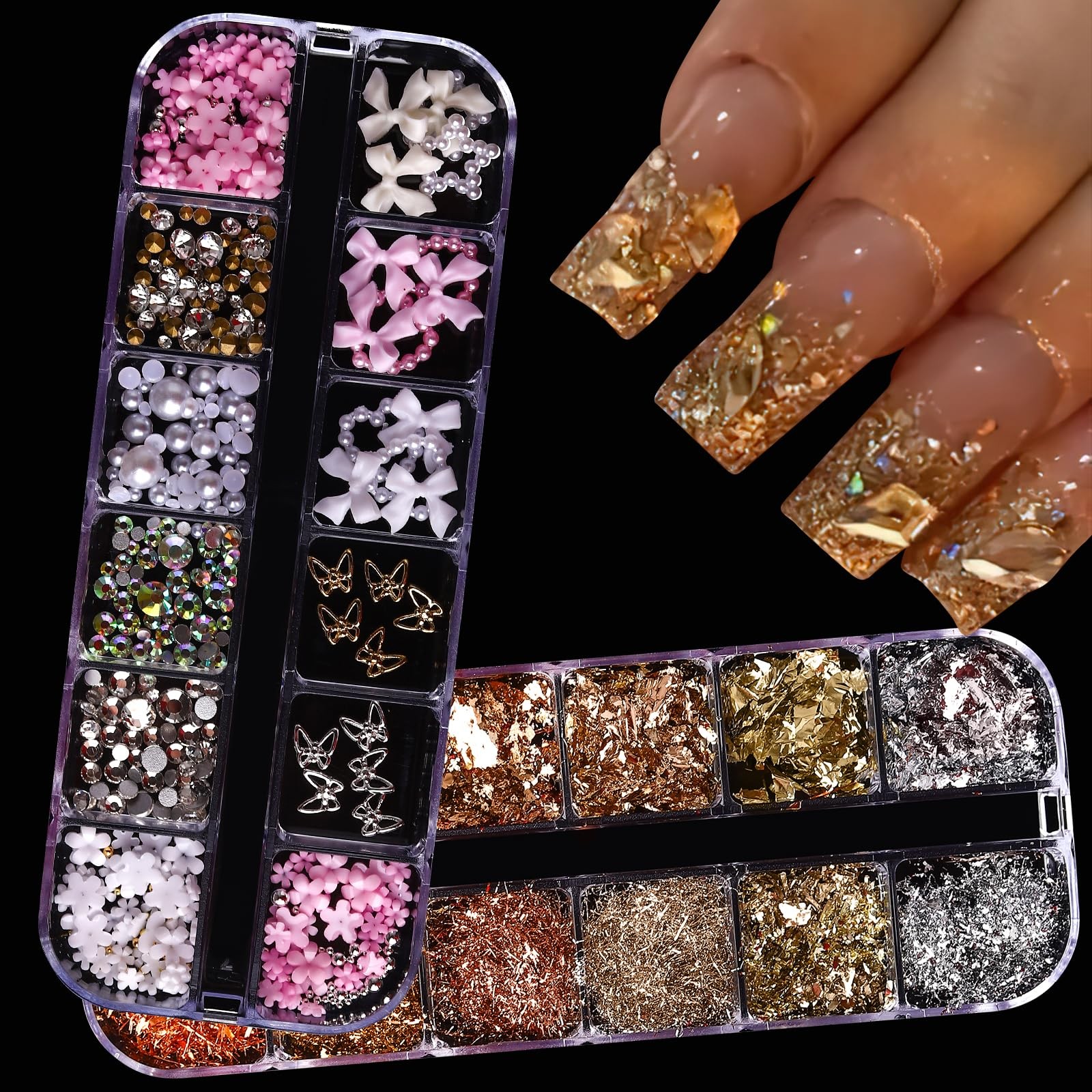 ROFIBUT 3D Nail Art Charms and Nail Foil Cute Pink White Bow Heart Charms Lux…