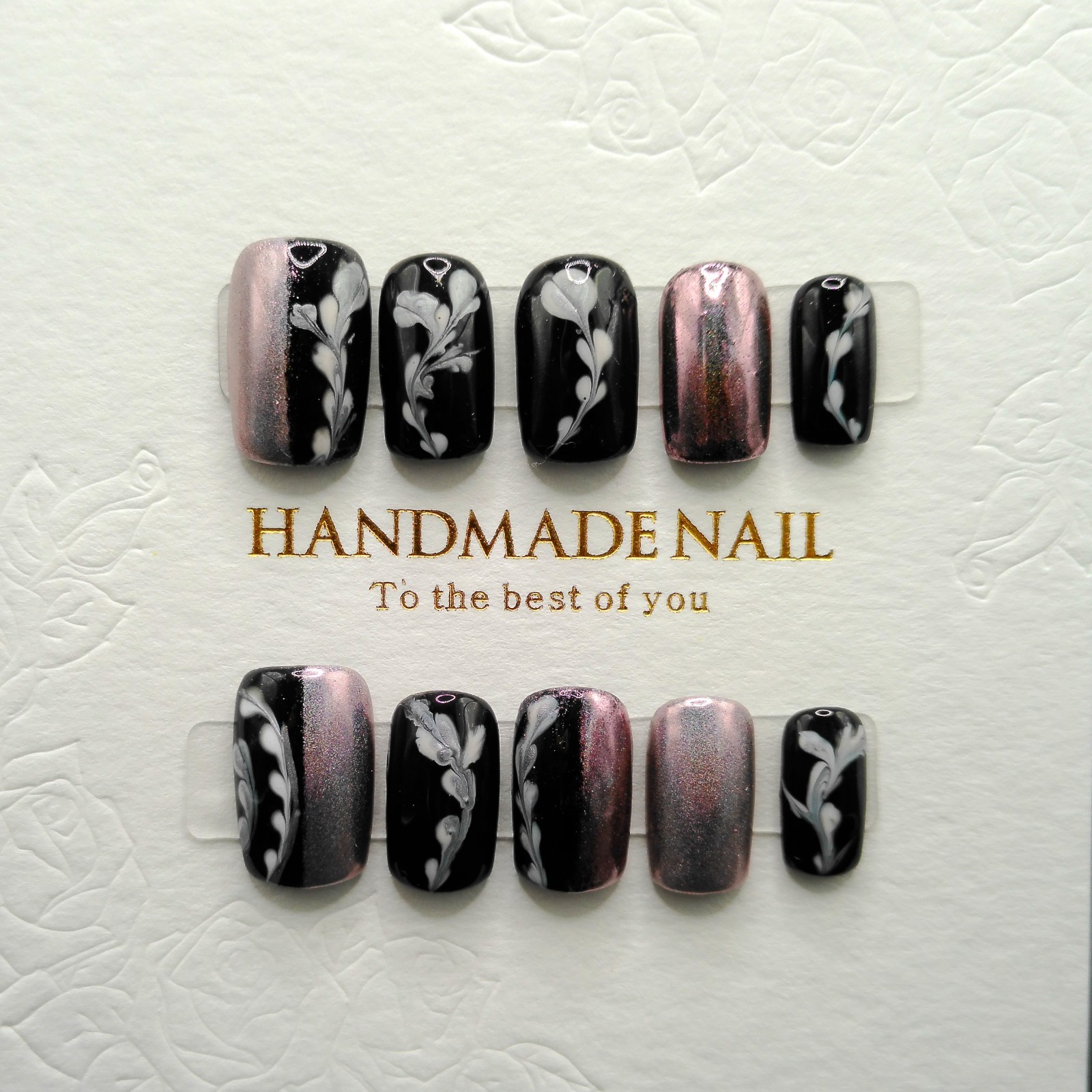 Short Square Black and Pink Shimmer Press On Nails – Medium Size