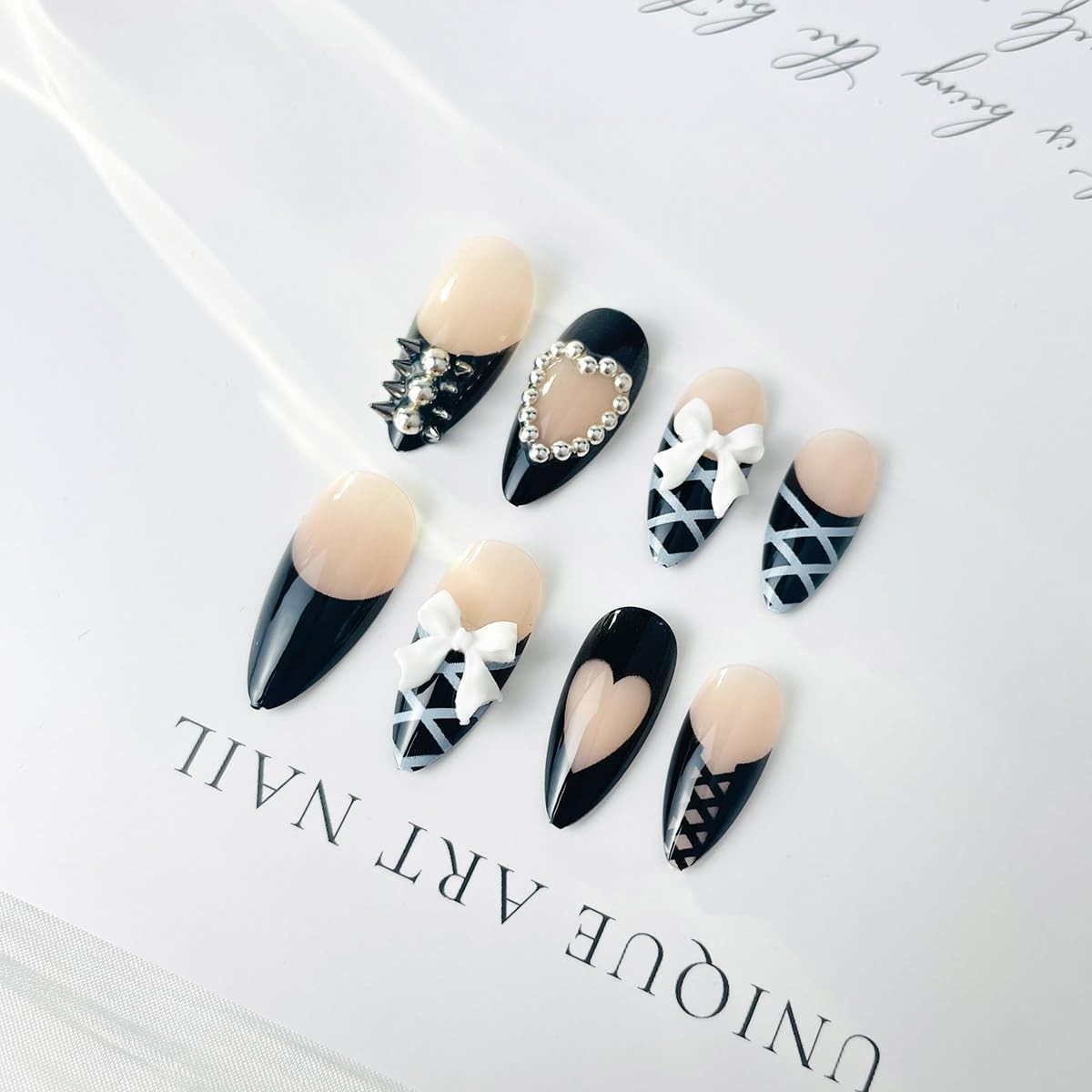 24pcs Press On Nails Almond With 3D Bow Pearl Rhinestone Design Black Medium …