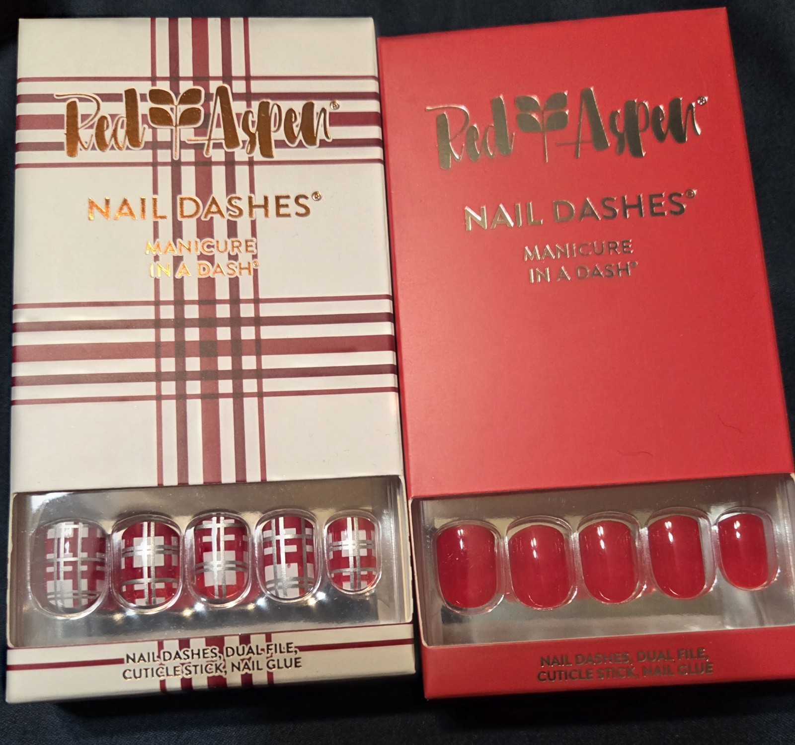 32 Sets of Red Aspen Press-On Nails including Acrylic and Multicolor Glitter