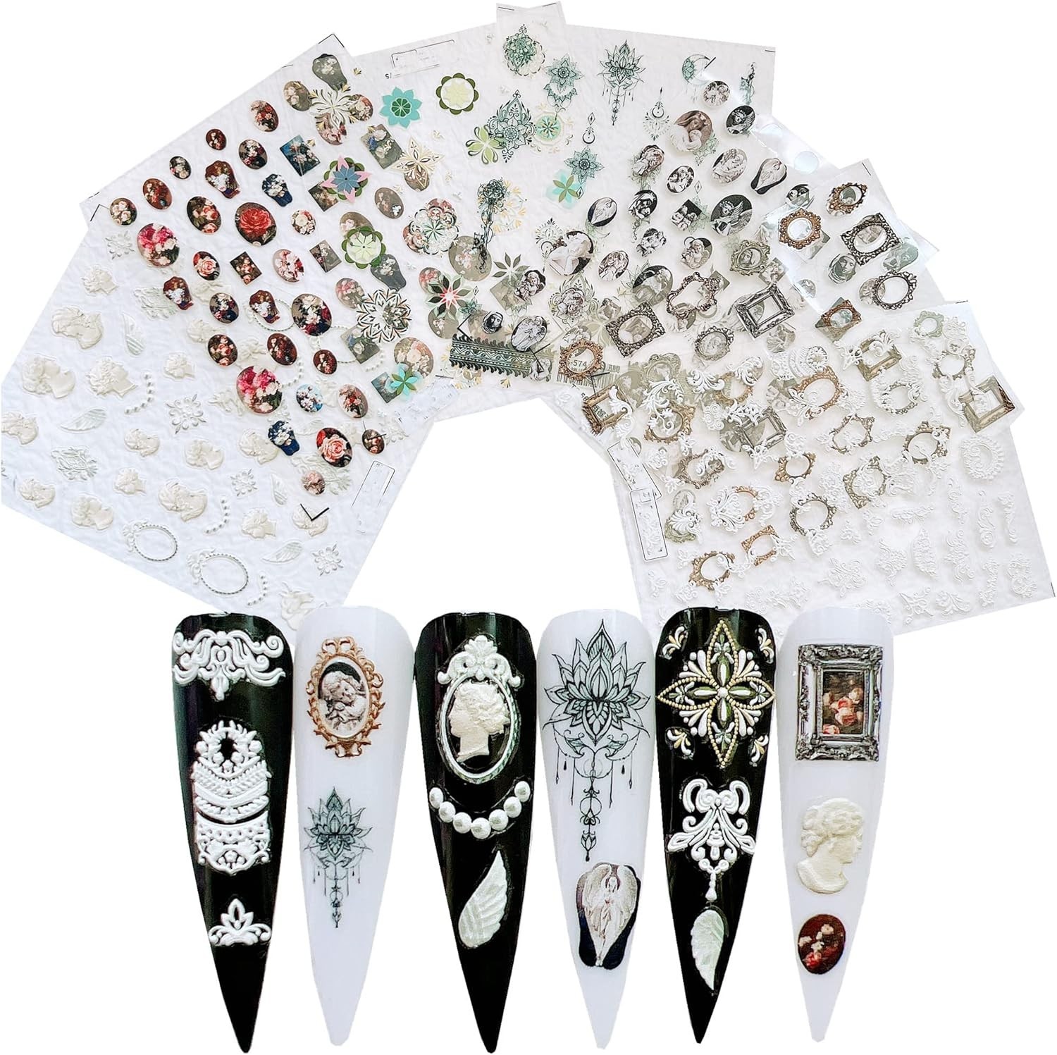 7Sheets Nail Art Adhesive Sticker Sheet 3D White Wedding Frame Shapes Nail Ar…