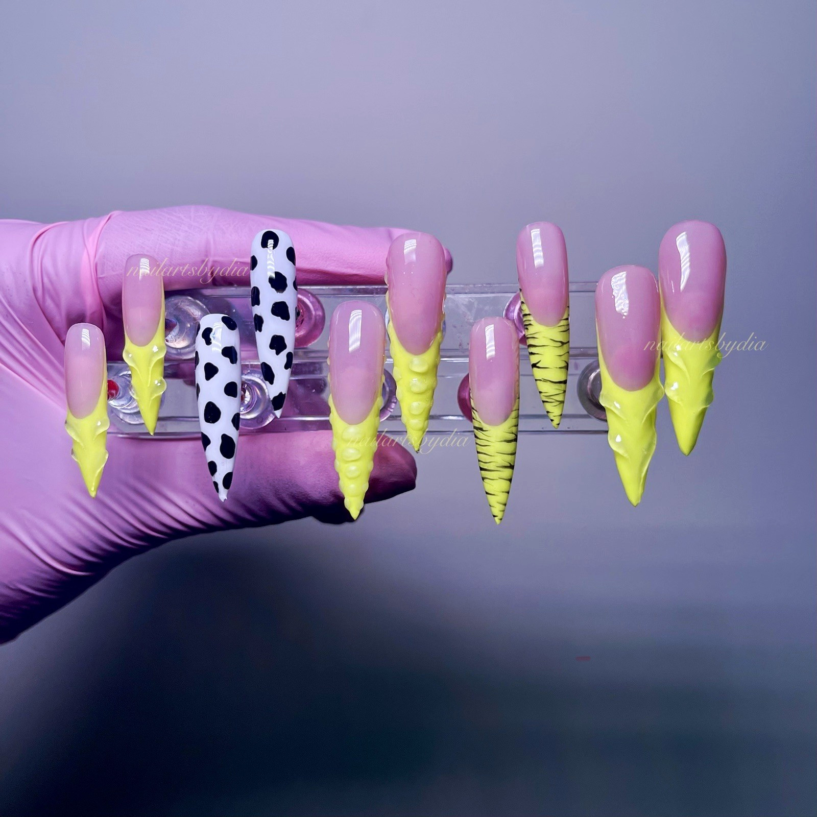 Authentic Nail Arts by Dia Long Stiletto Press-On Nails Yellow 3D Animal Print