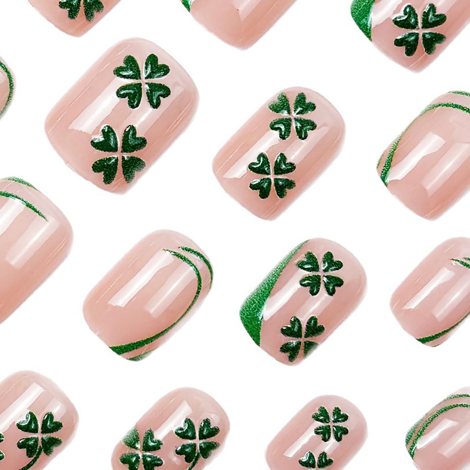 Green Shamrock Fake Nails Short Square Press On Nails French St. Patrick’s Da…